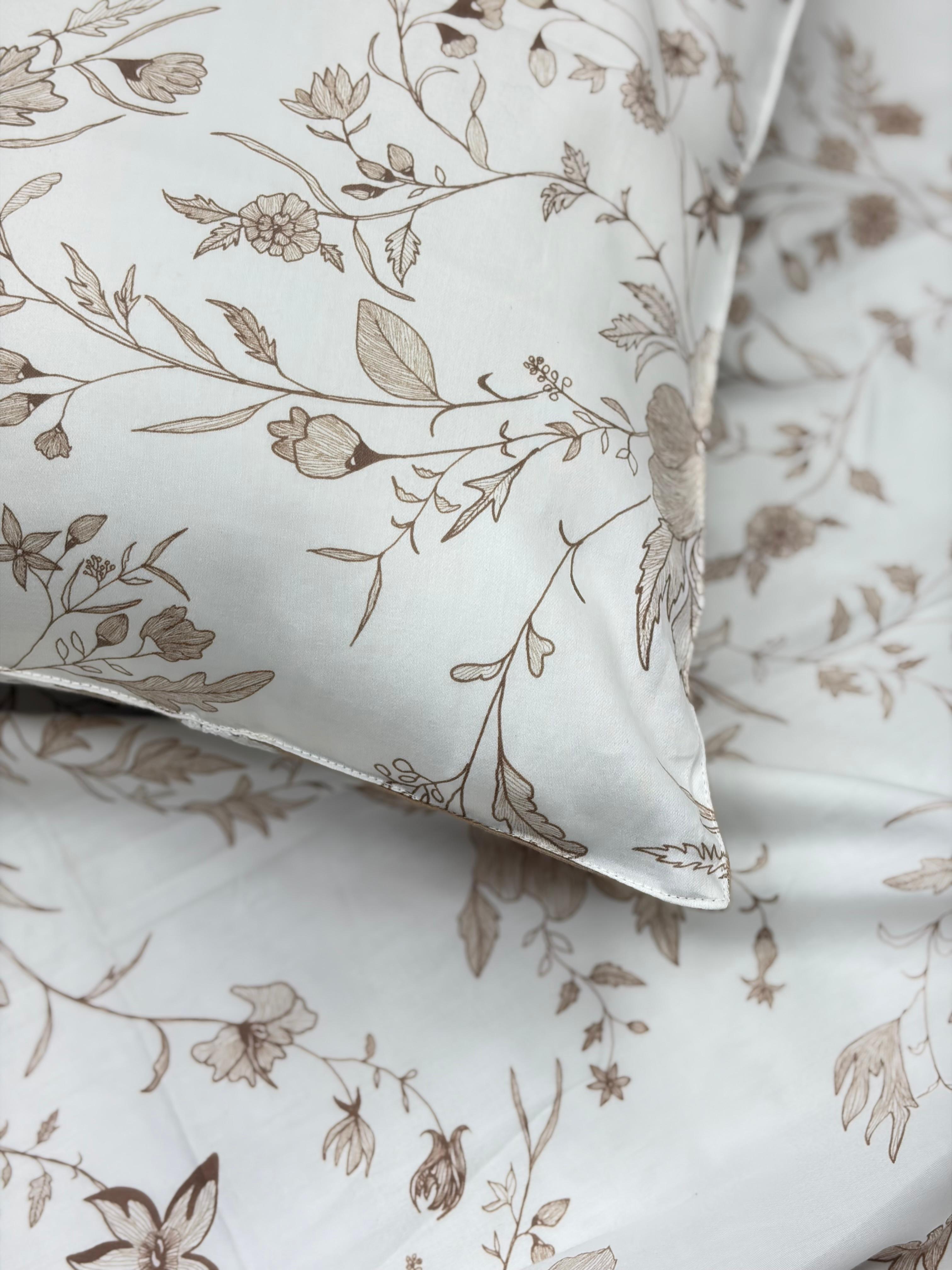 Beige Floral Bedsheet with 2 Reversible Laced Pillow Covers