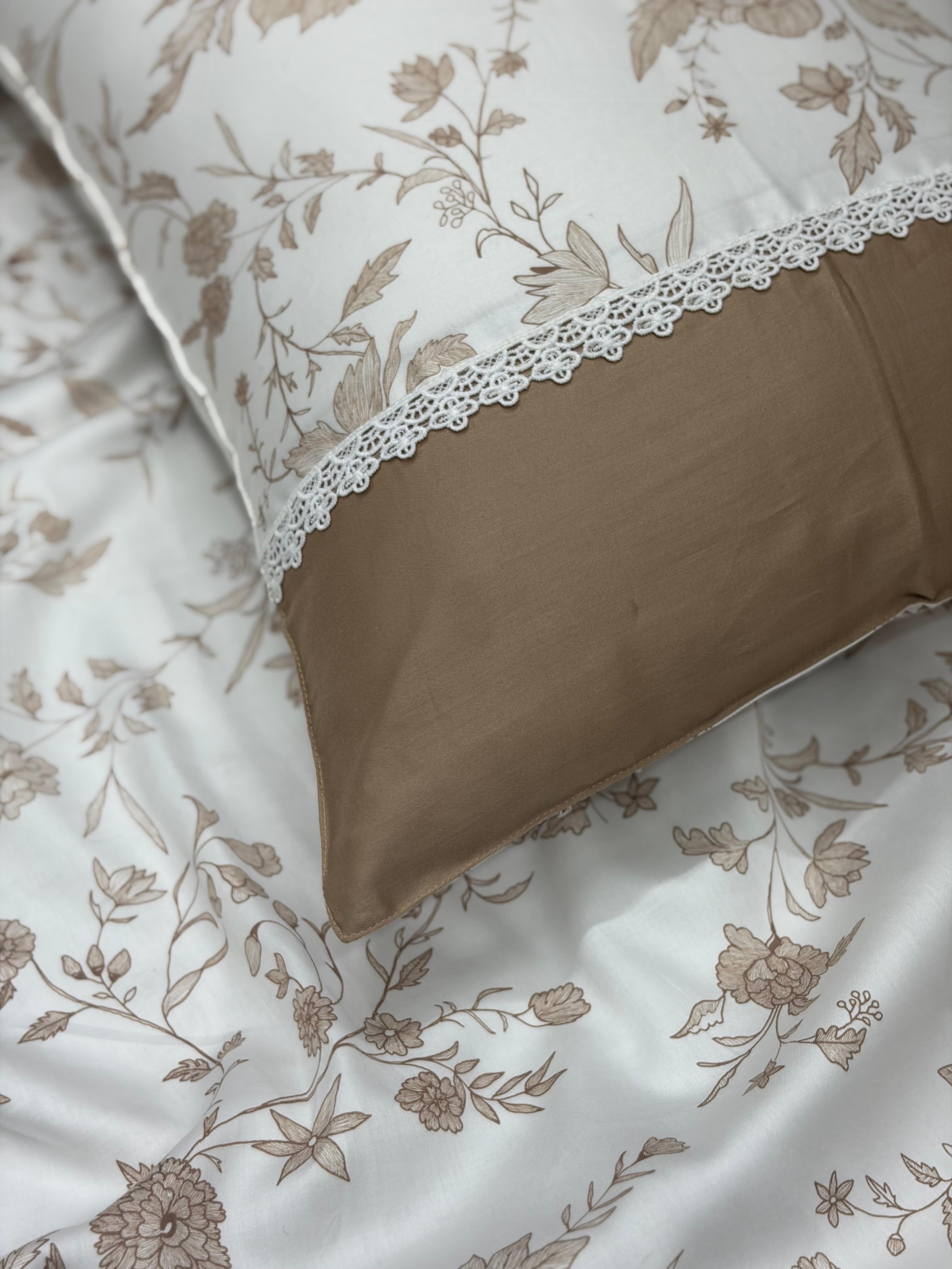 Beige Floral Bedsheet with 2 Reversible Laced Pillow Covers
