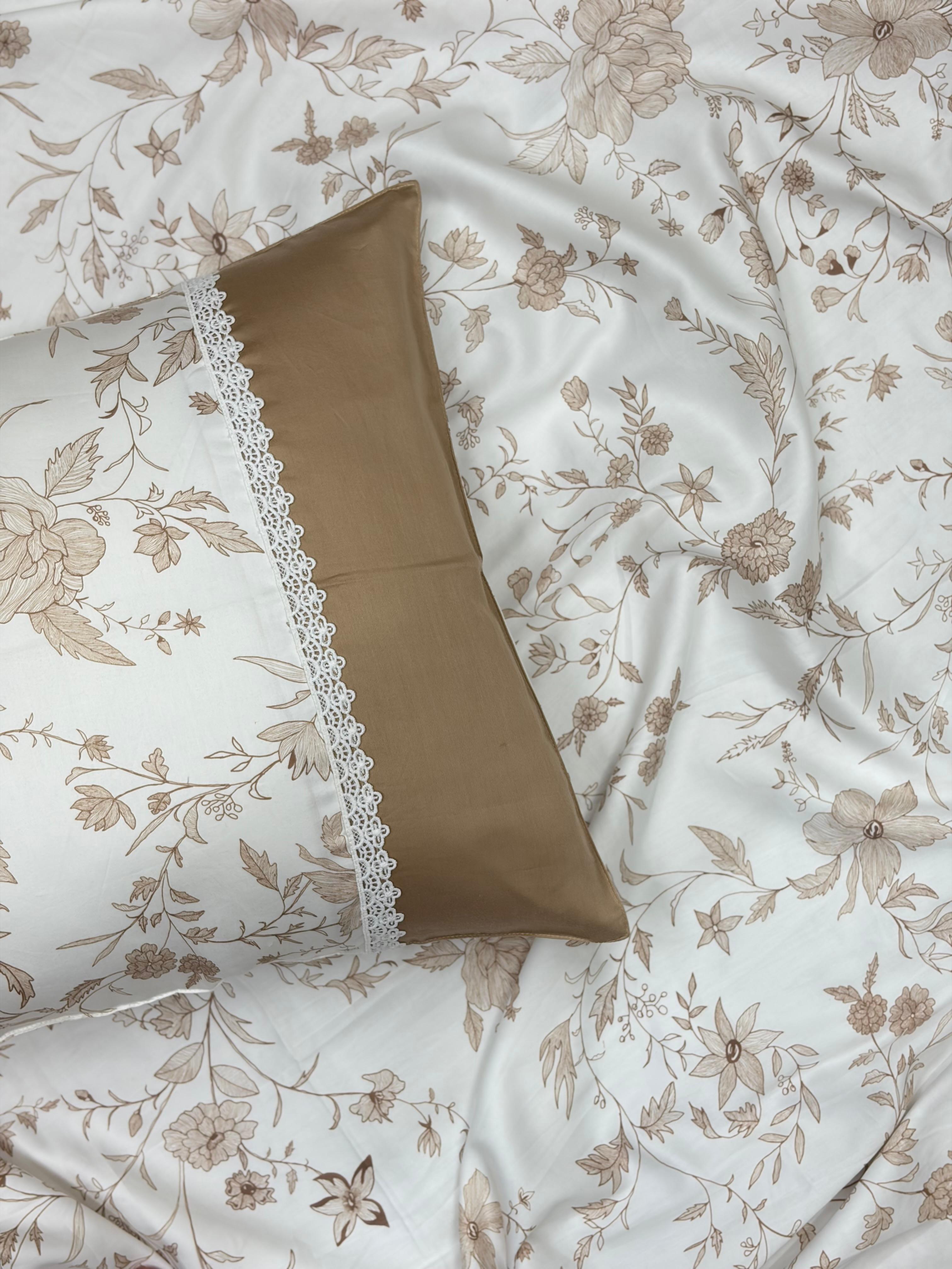 Beige Floral Bedsheet with 2 Reversible Laced Pillow Covers