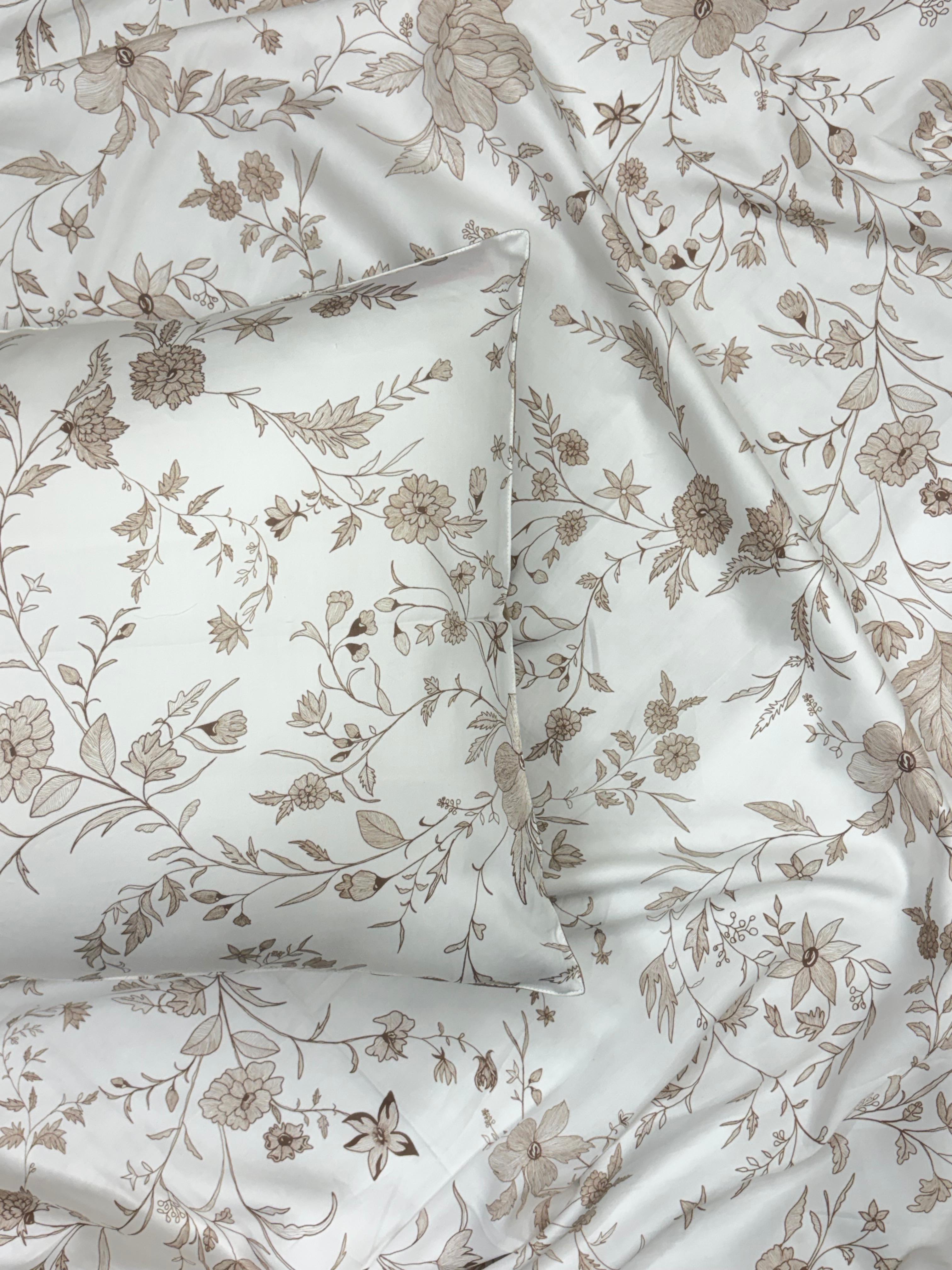Beige Floral Bedsheet with 2 Reversible Laced Pillow Covers