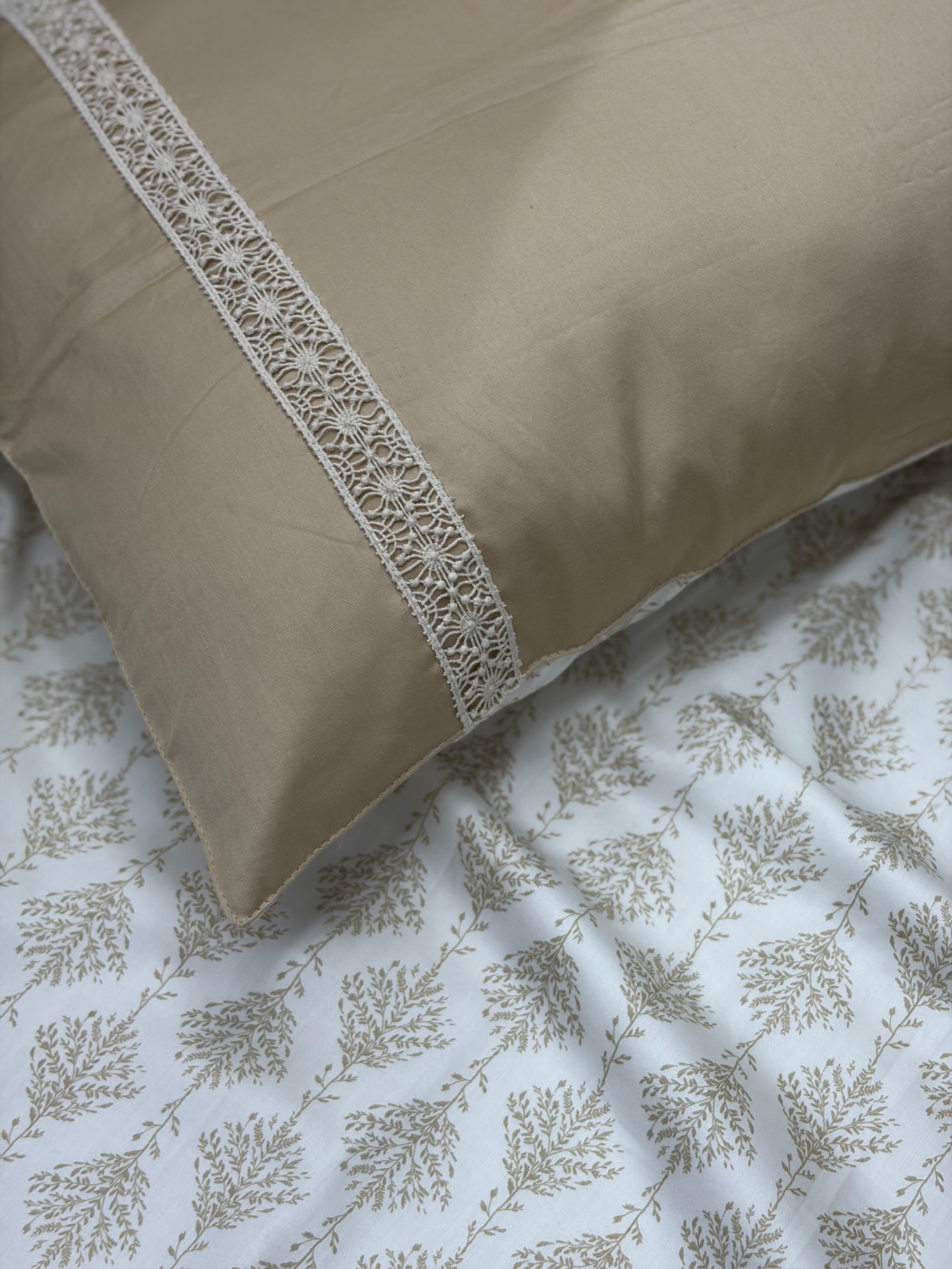 Beige Palace Bedsheet with 2 Reversible Laced Pillow Covers