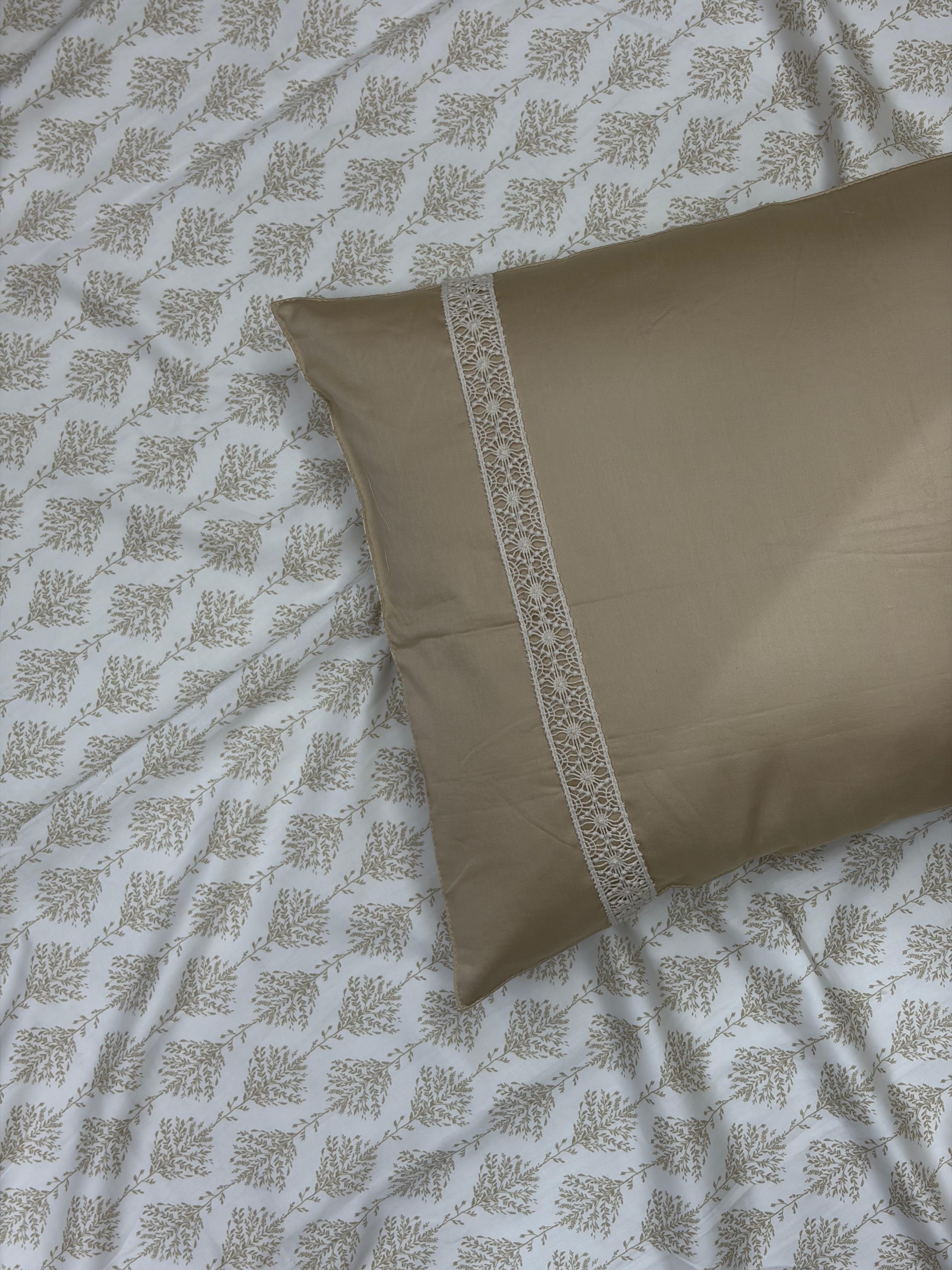 Beige Palace Bedsheet with 2 Reversible Laced Pillow Covers