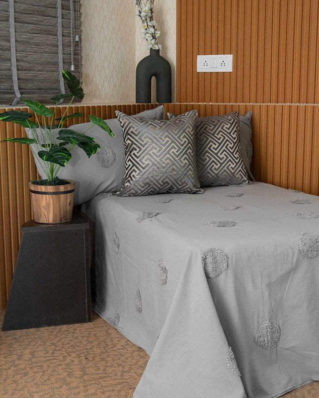 Grey Polka Linen Bedcover With 2 Pillow Covers