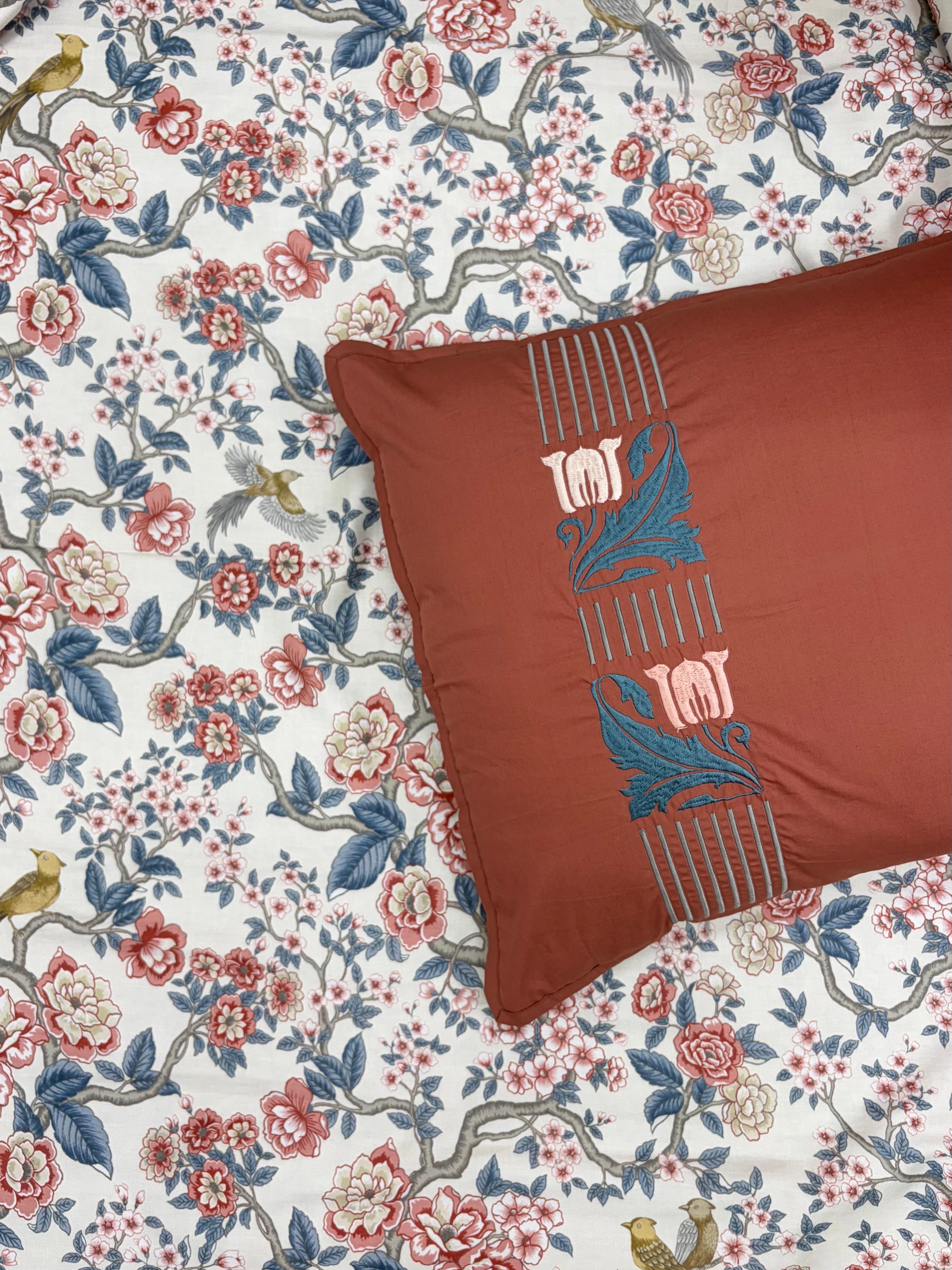 Crimson Bird Bedsheet with 2 Embroidered Pillow Covers