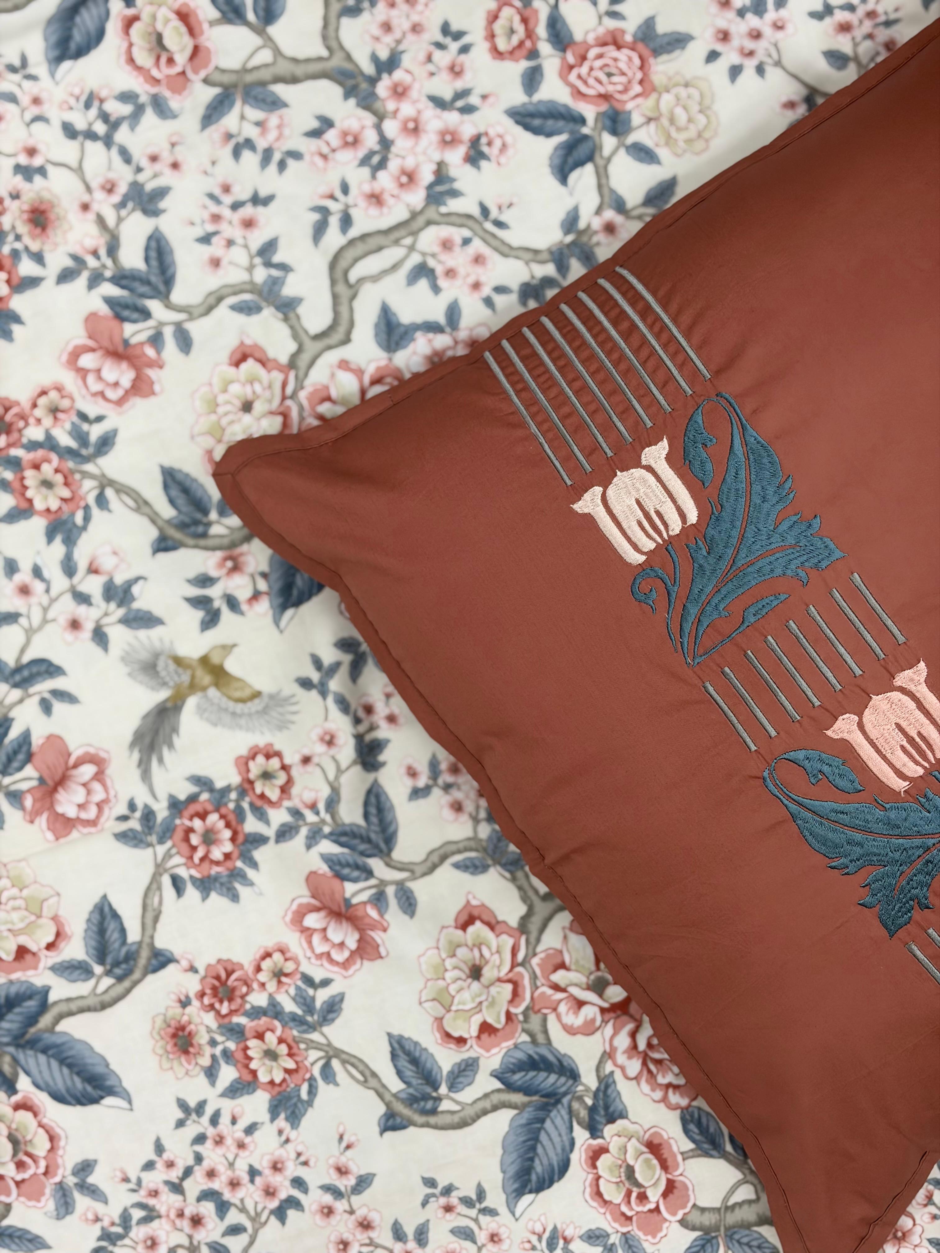 Crimson Bird Bedsheet with 2 Embroidered Pillow Covers