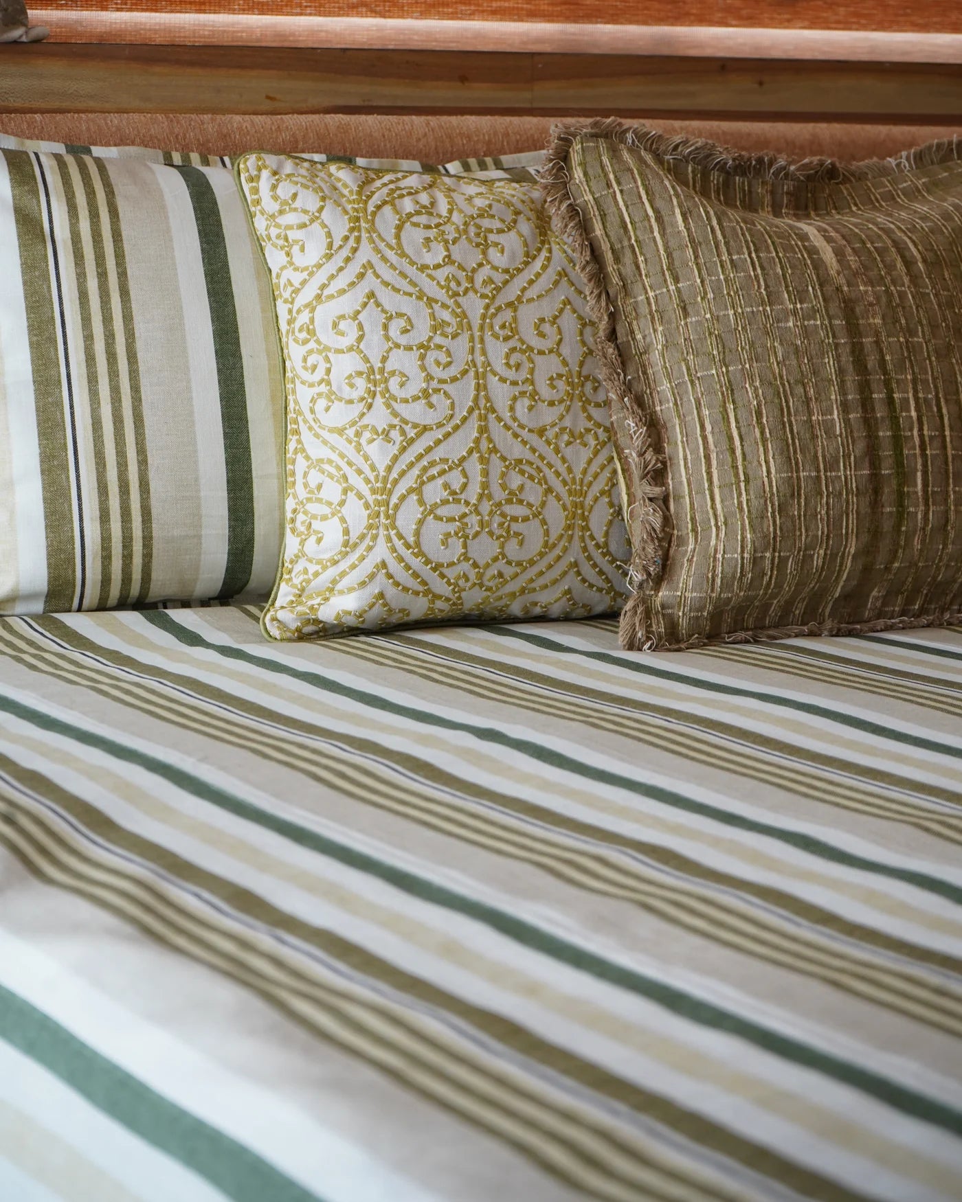 Olive Stripe Bedcover With 2 Pillow Covers