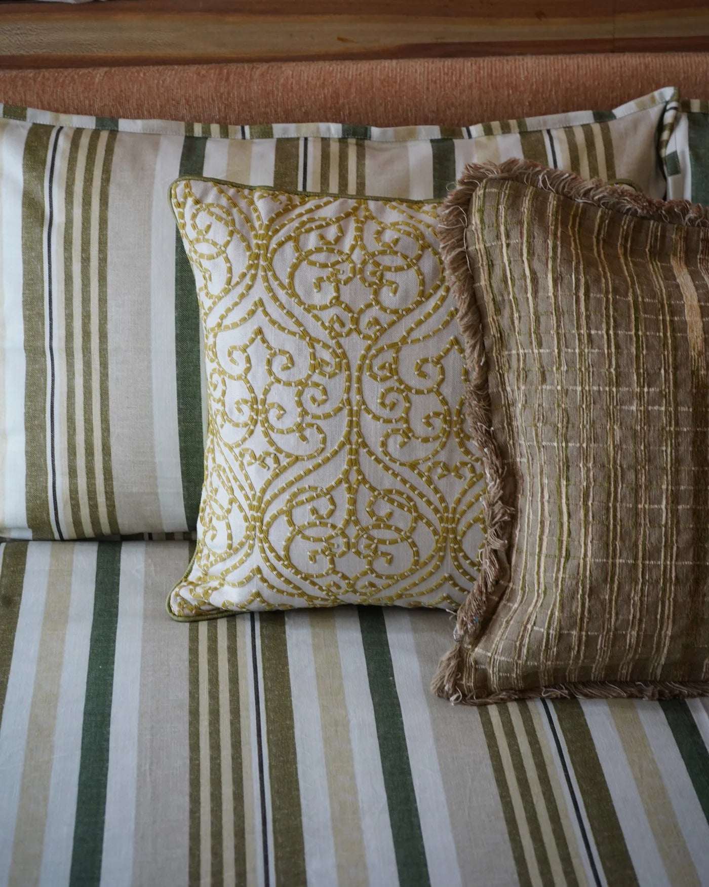 Olive Stripe Bedcover With 2 Pillow Covers