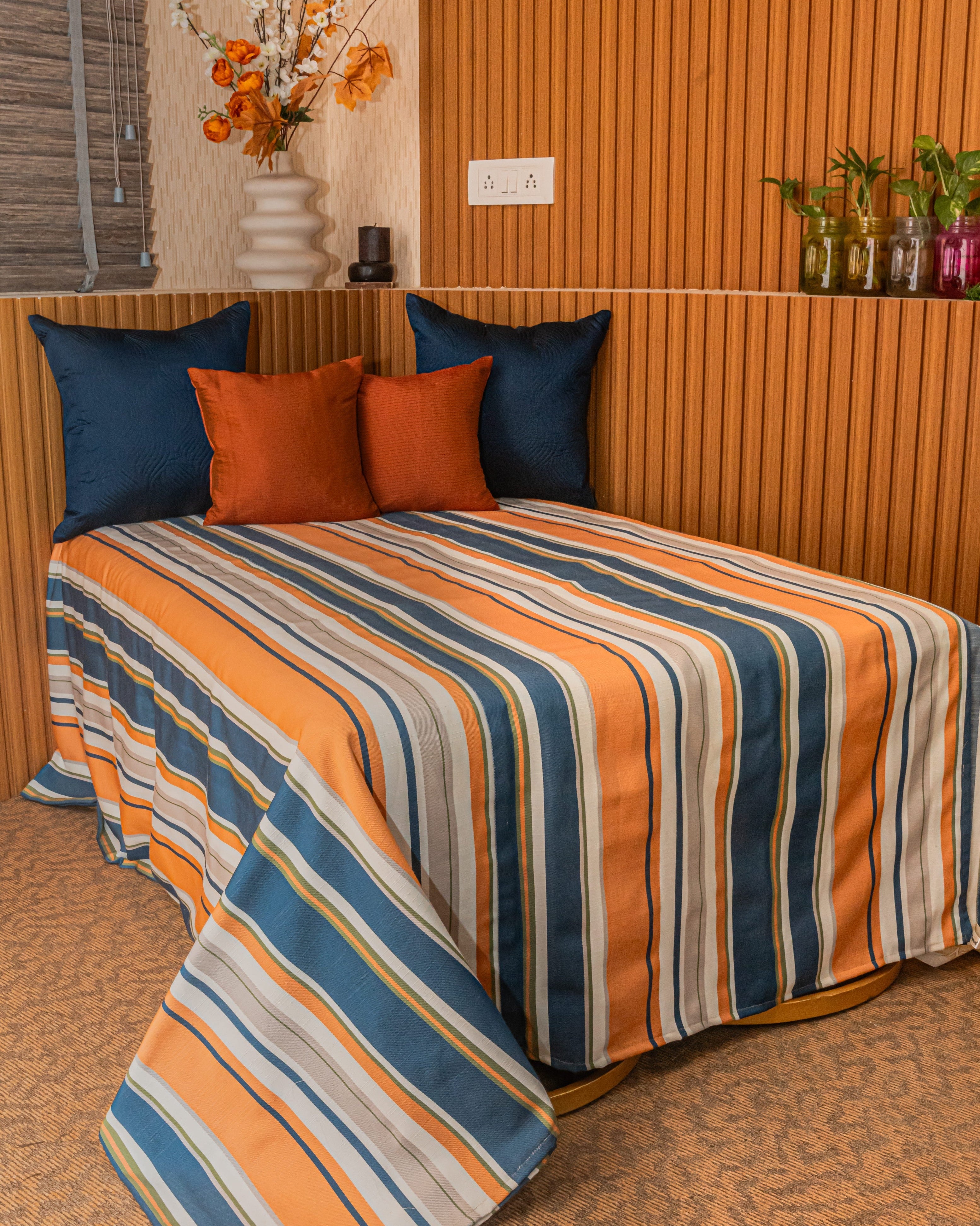 Stripescape – Orange & Navy Bedcover with 2 Cushion Covers