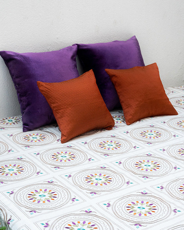 Floral Blocks Embroidery Bedcover With 2 Cushions