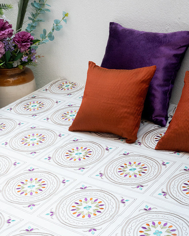 Floral Blocks Embroidery Bedcover With 2 Cushions