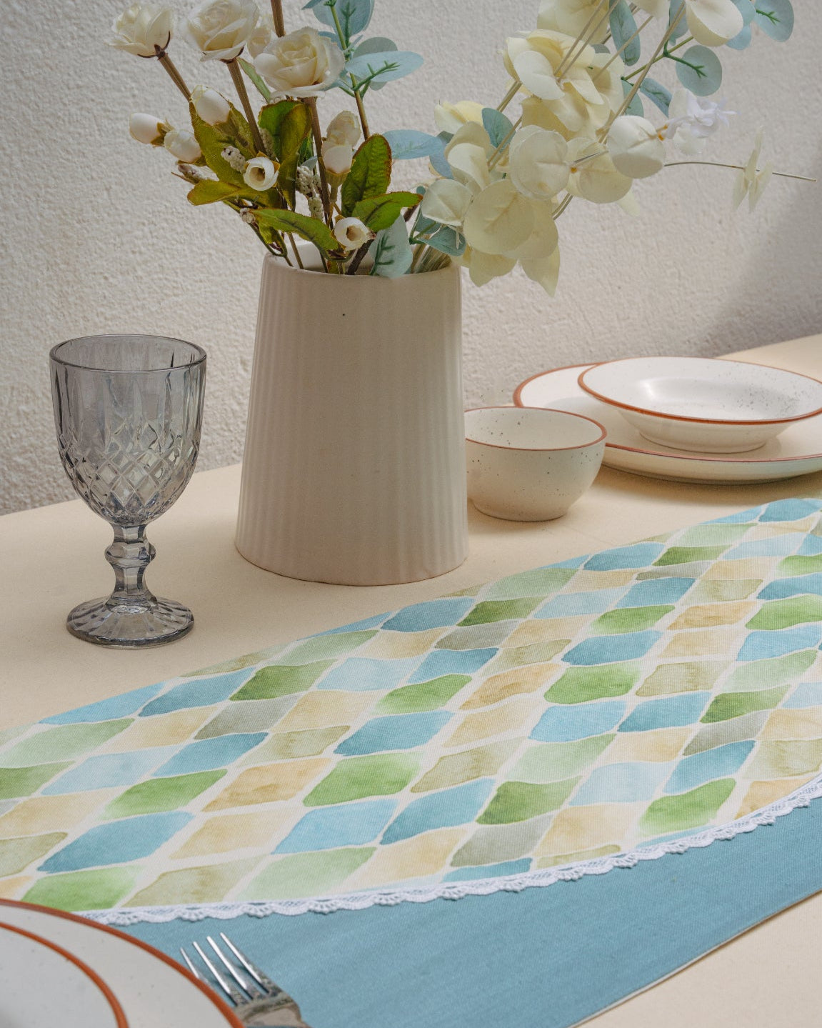 Mosaic Watercolor Table Runner and Mat Set