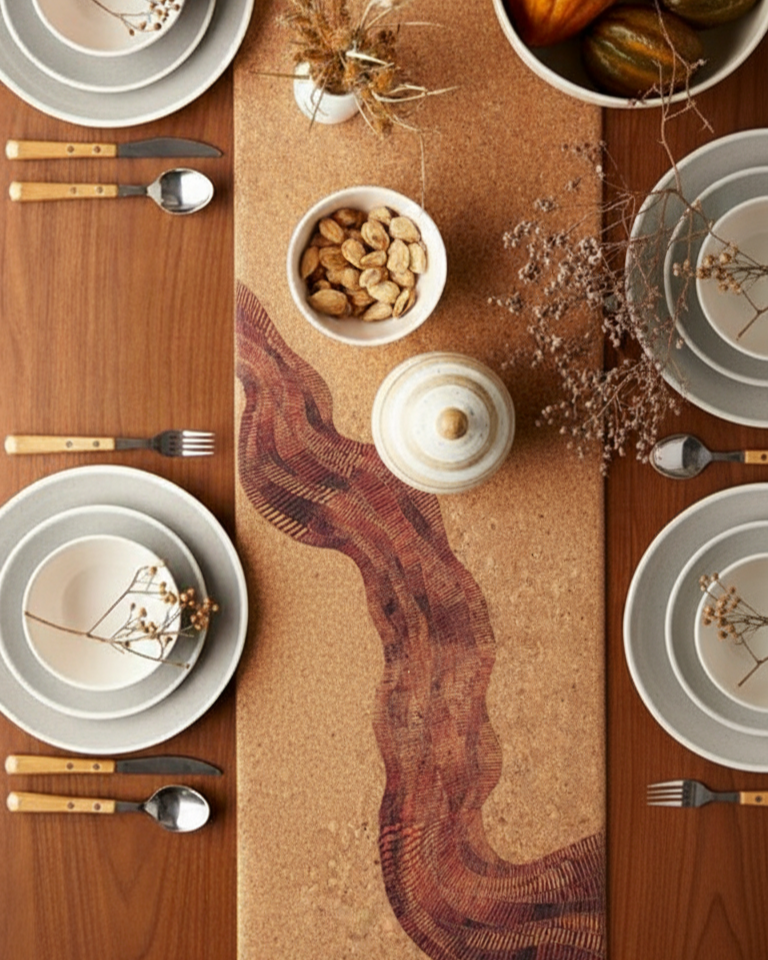 Abstract Printed Cork Dining Runner and Mat Set