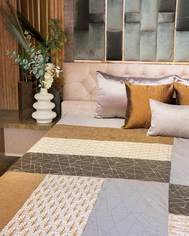 Geometric Blocks Embroidered  Bedcover With 2 Pillow