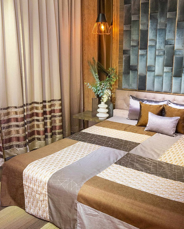 Geometric Blocks Embroidered  Bedcover With 2 Pillow