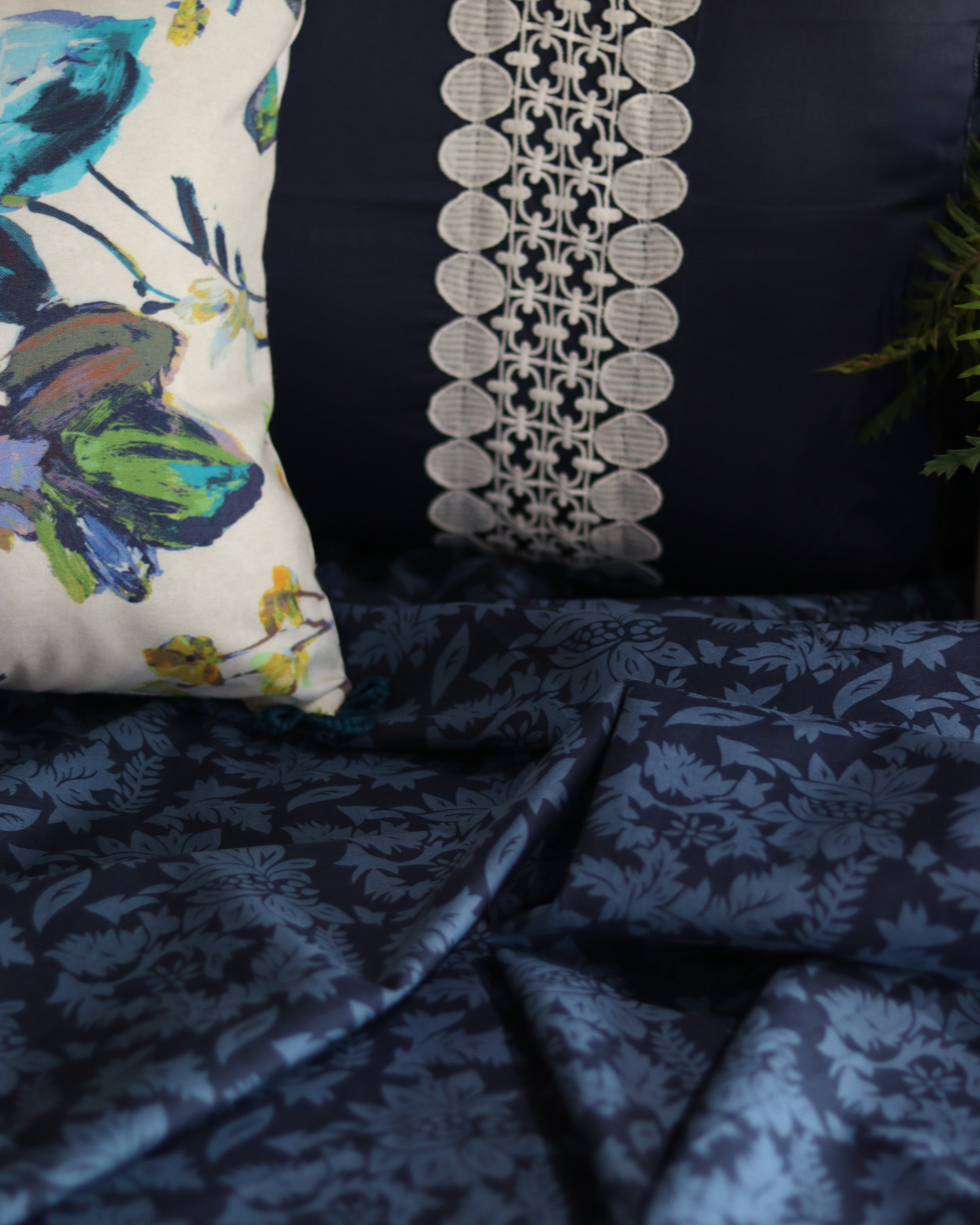 Indigo Muse Bedsheet With 2 Pillow Laced Covers