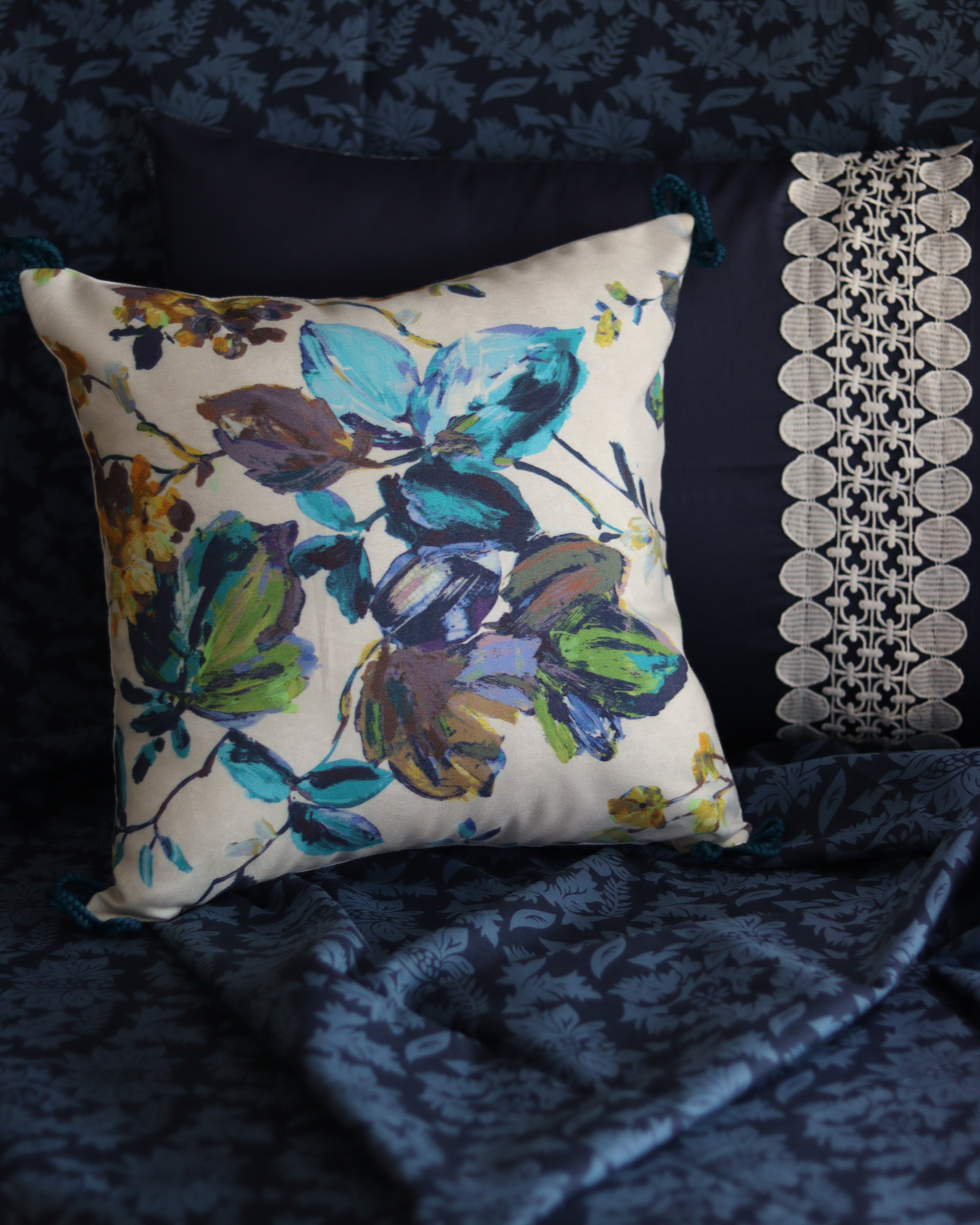 Indigo Muse Bedsheet With 2 Pillow Laced Covers