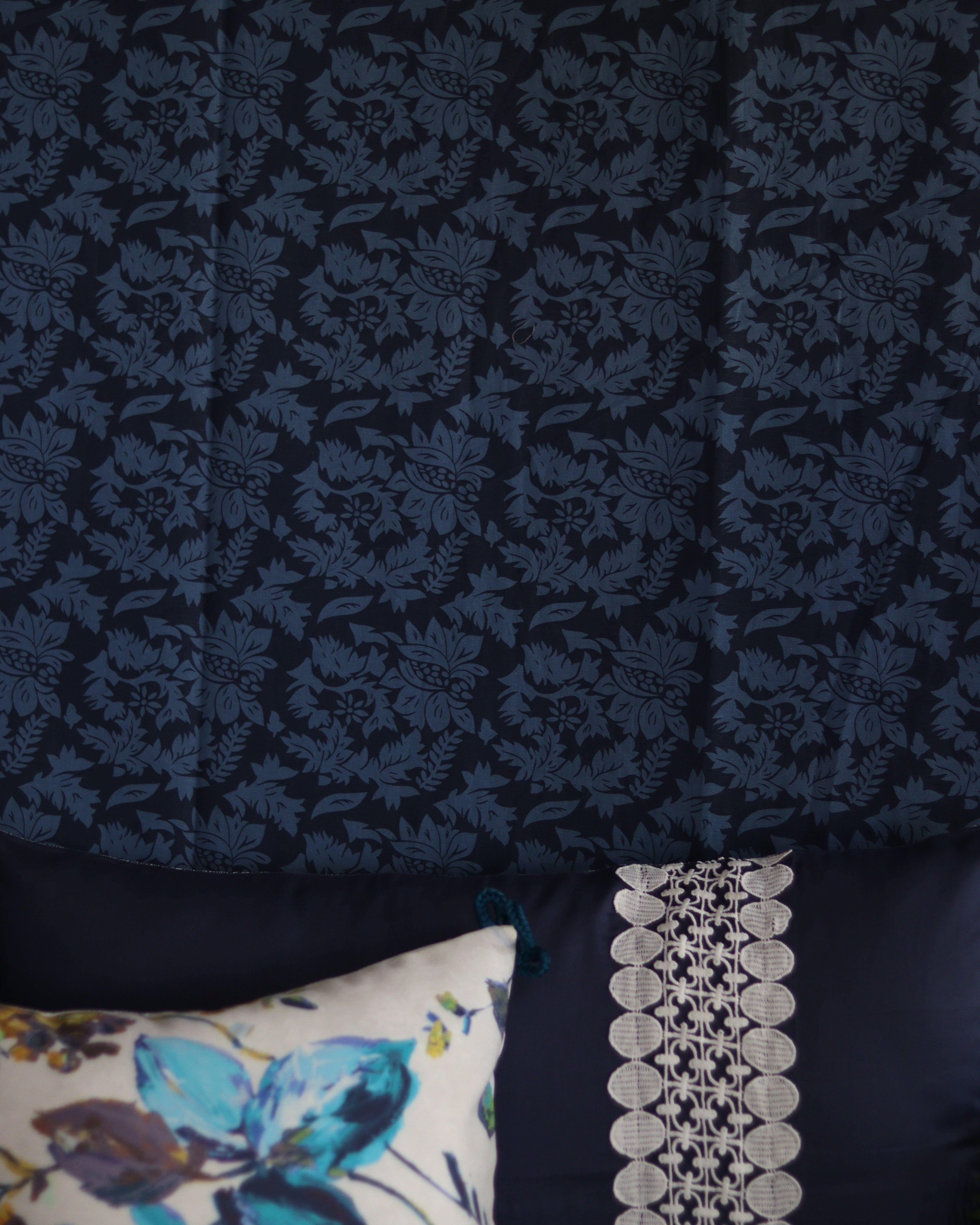 Indigo Muse Bedsheet With 2 Pillow Laced Covers