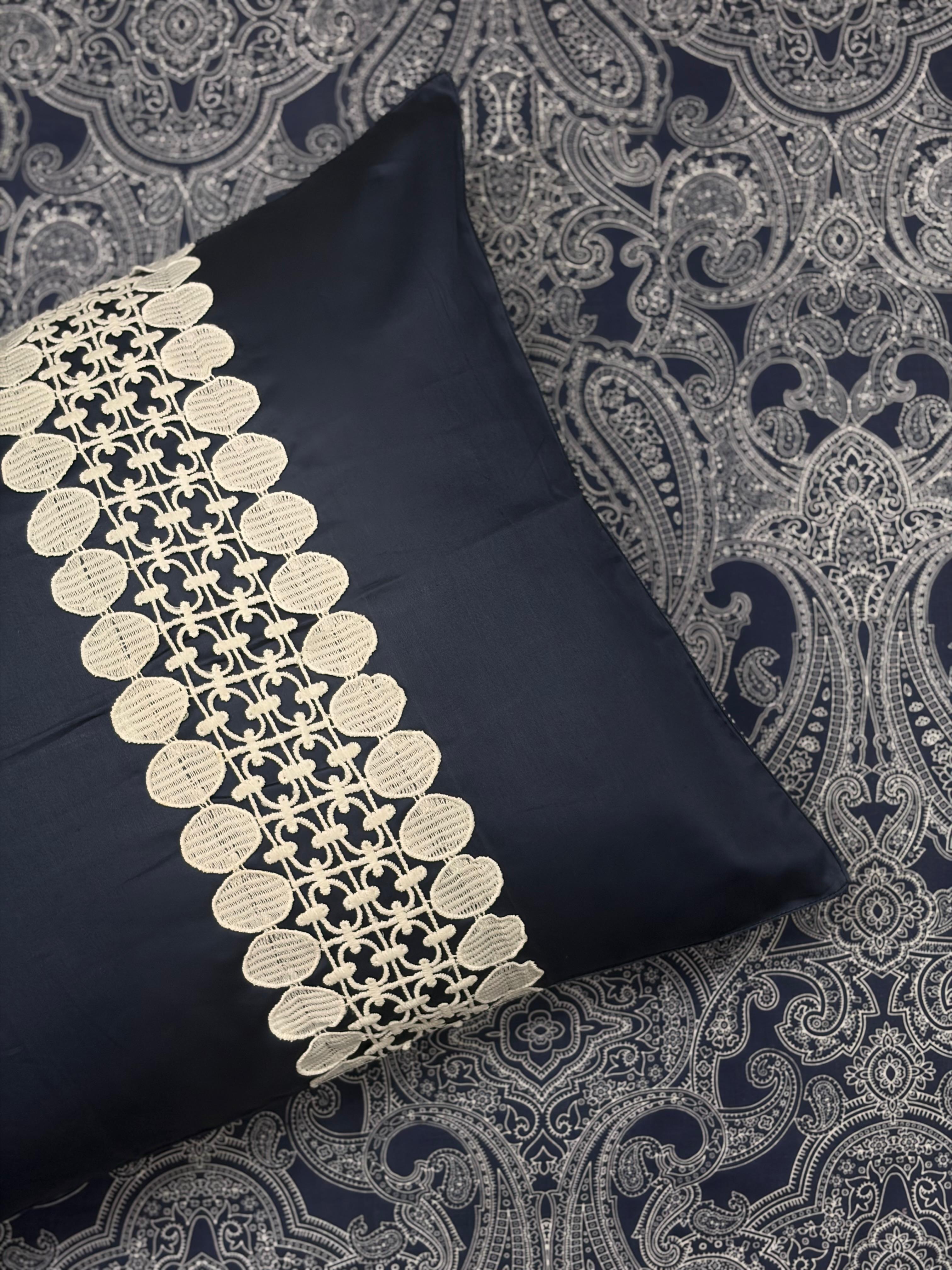 Indigo Lace Bedsheet with 2 Laced Pillow Covers