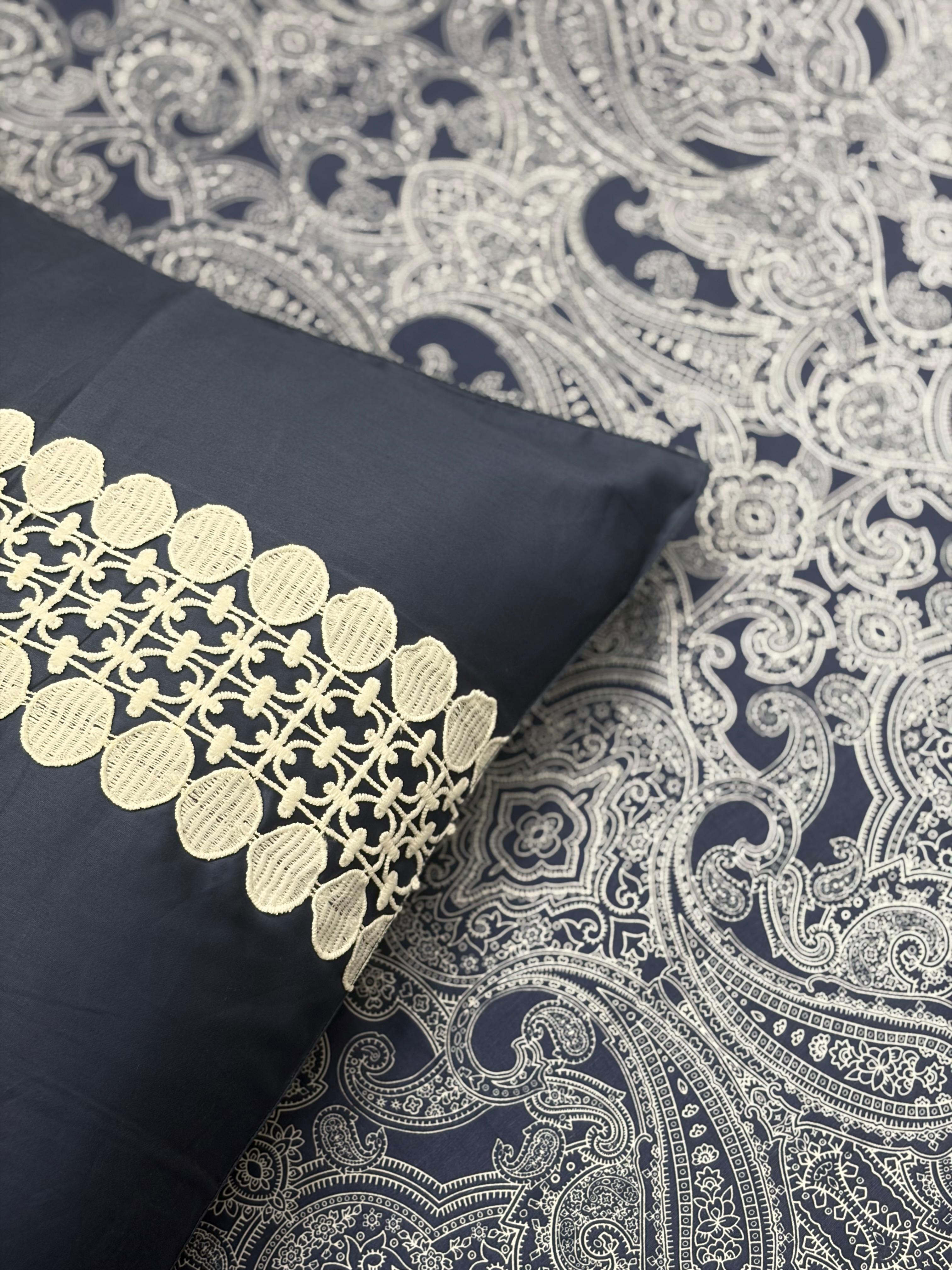 Indigo Lace Bedsheet with 2 Laced Pillow Covers