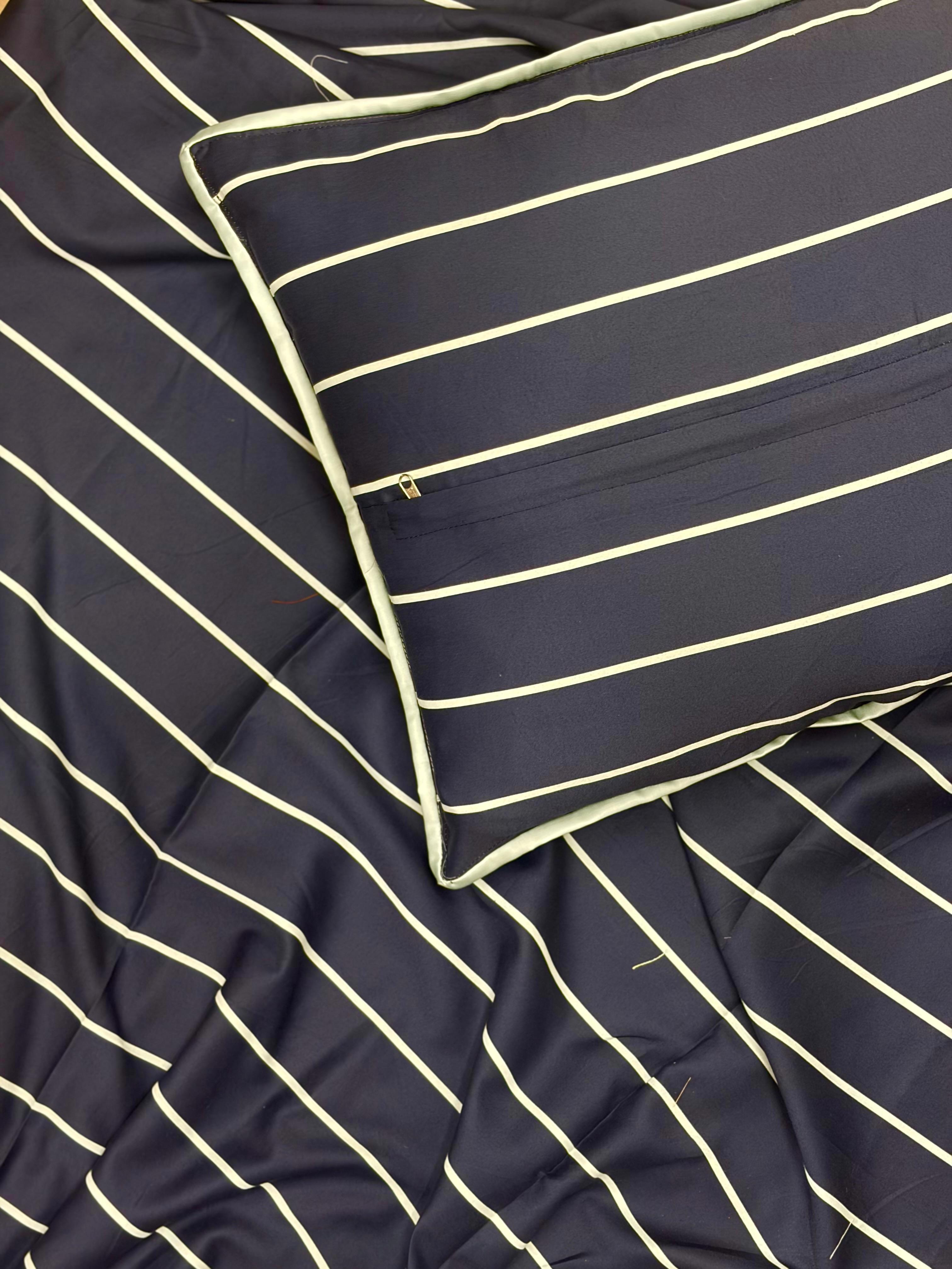 Navy Stripe Bedsheet with 2 Embroidered Pillow Covers