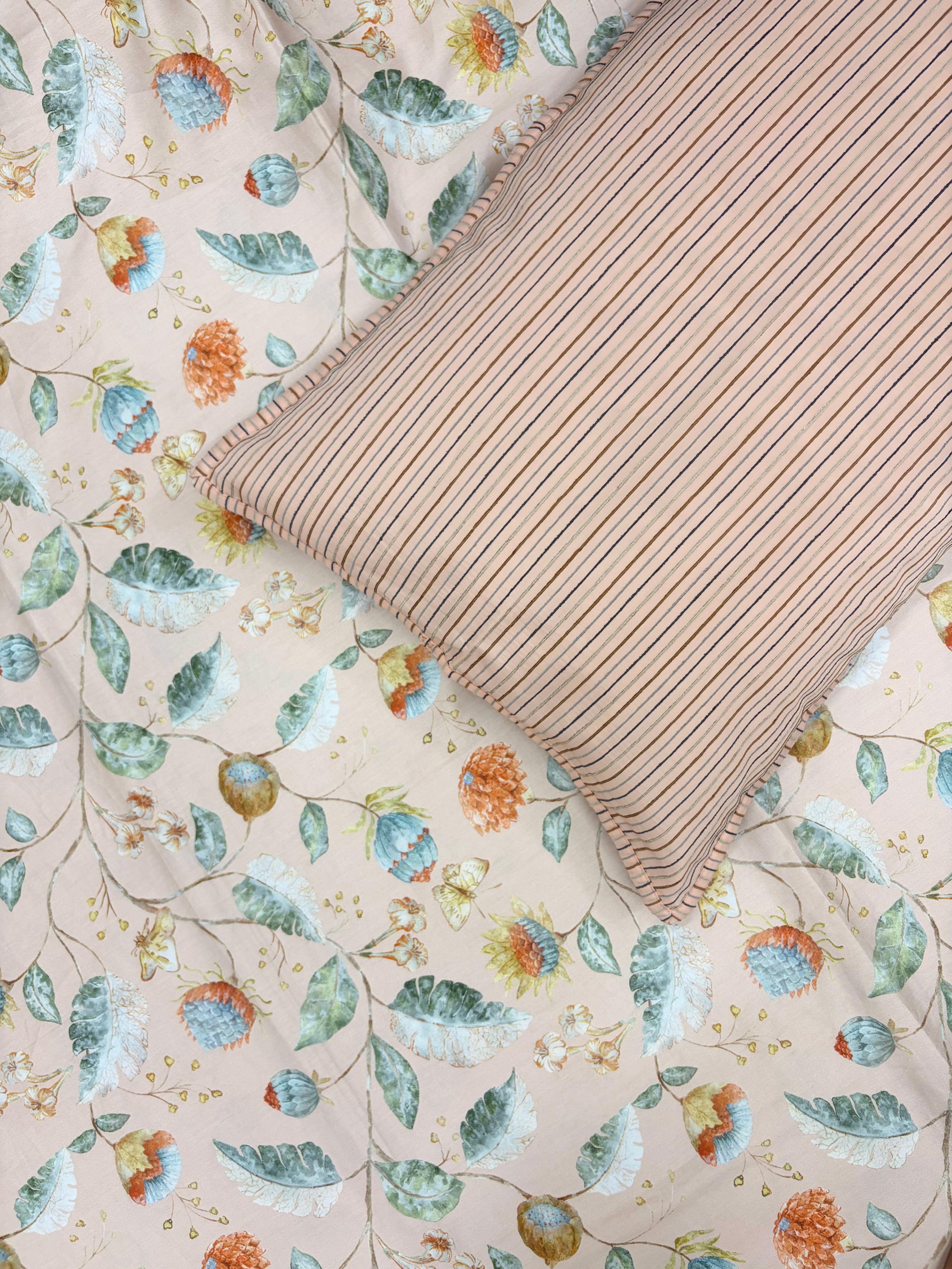 Peach Flora Bedsheet with 2 Matching Pillow Covers