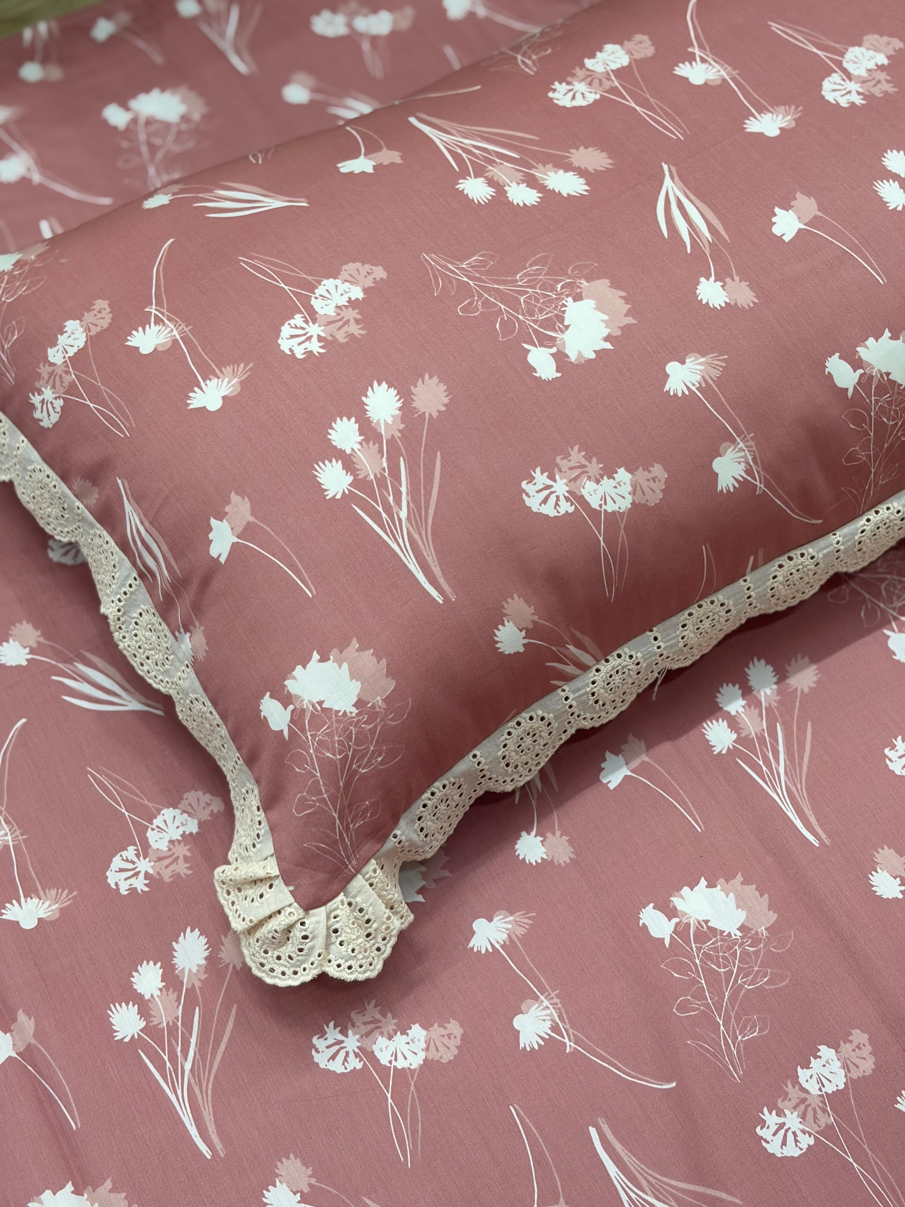 Peach Wildflower Bedsheet with 2 Frilled Pillow Covers
