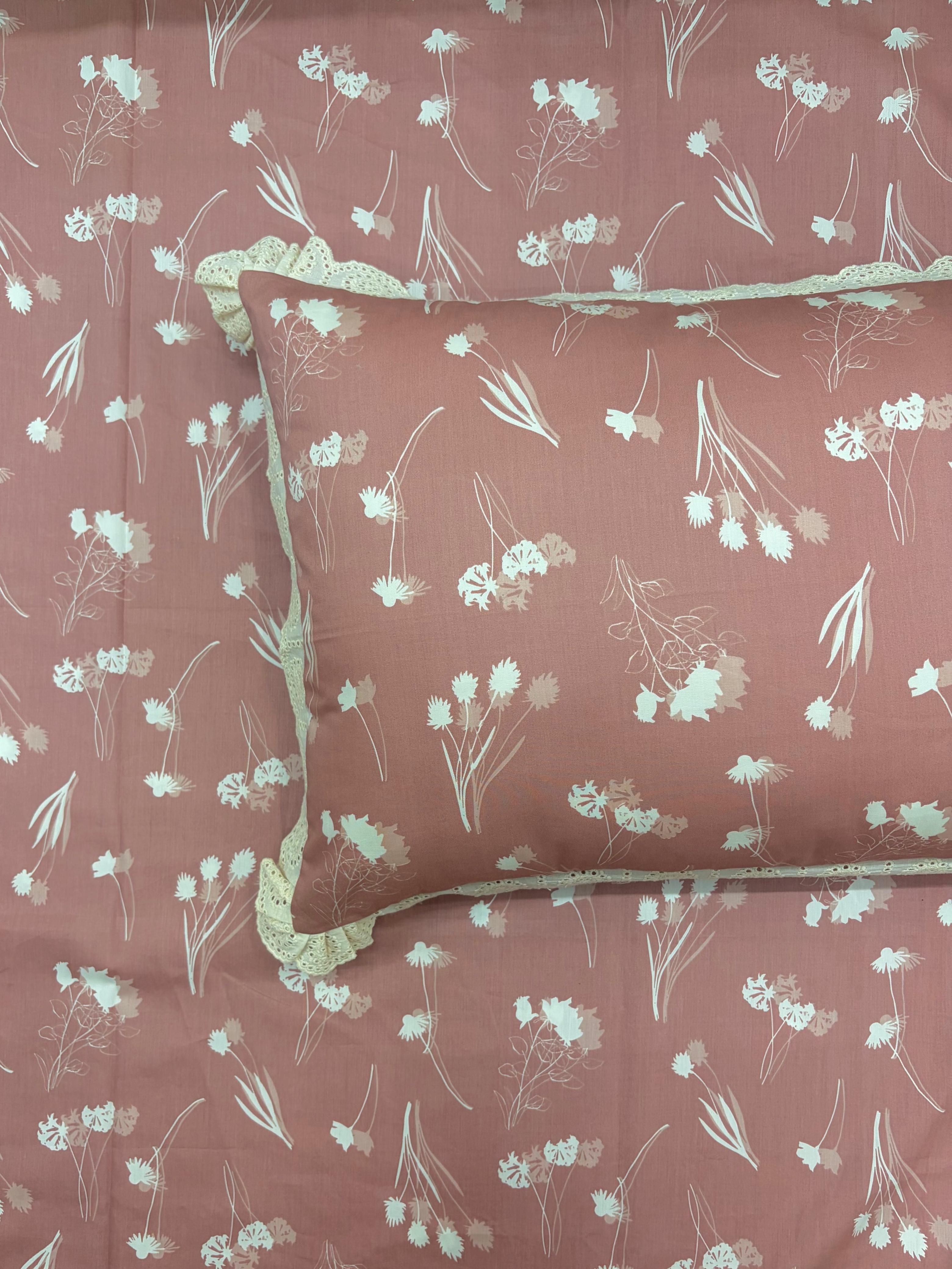 Peach Wildflower Bedsheet with 2 Frilled Pillow Covers