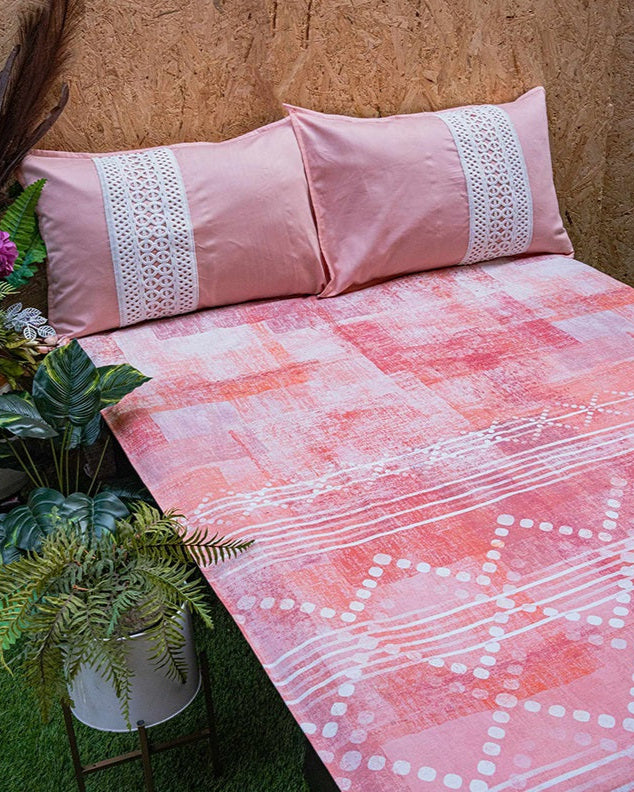 Pink Skies Bedsheet With 2 Lace Pillow Covers