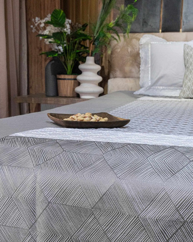 Shades Of Lucknow Embroidered Grey Bedcover with 2 Pillow Covers