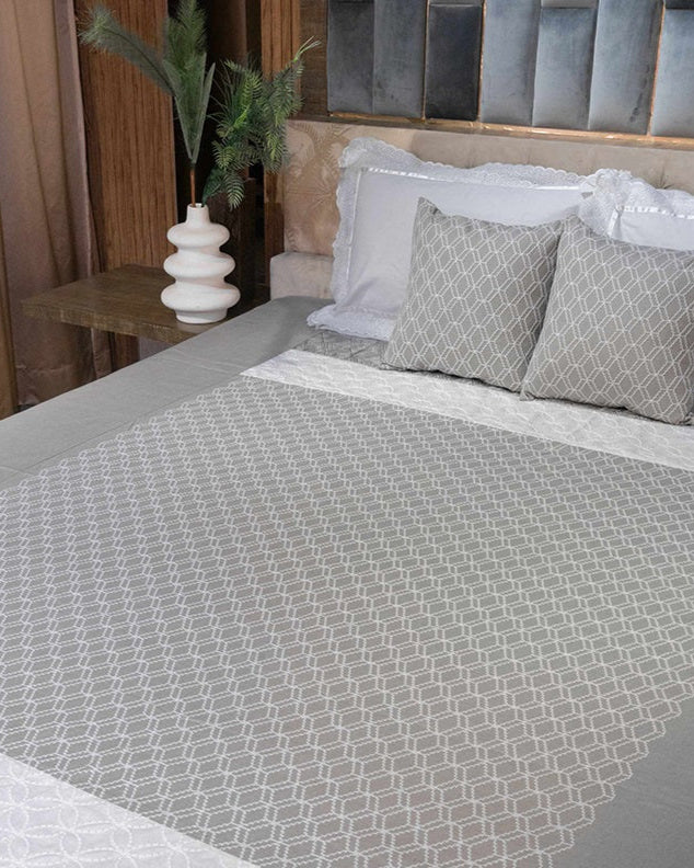 Shades Of Lucknow Embroidered Grey Bedcover with 2 Pillow Covers