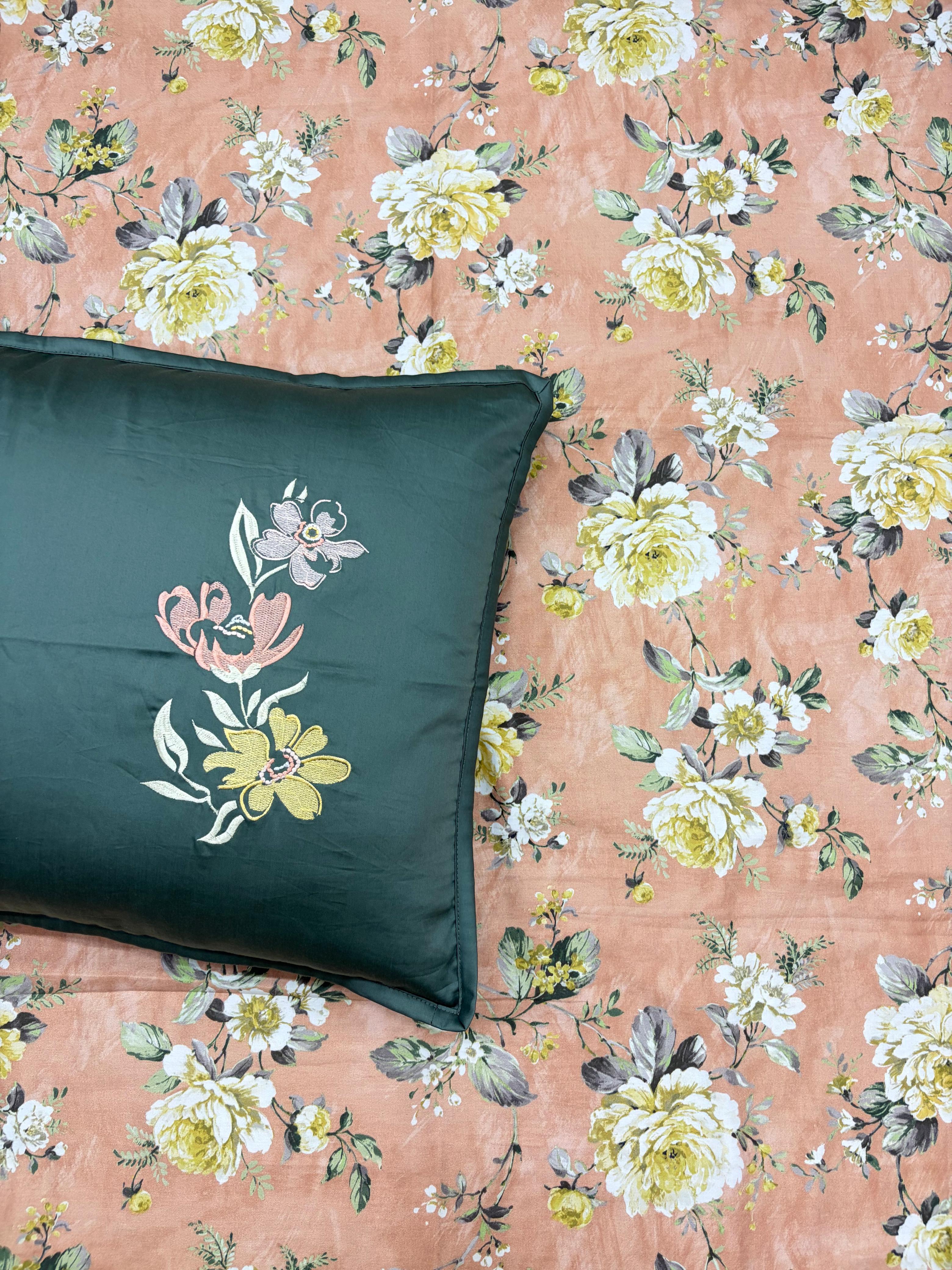 Peachy Bouquet Bedsheet With 2 Embroidered Pillow Covers
