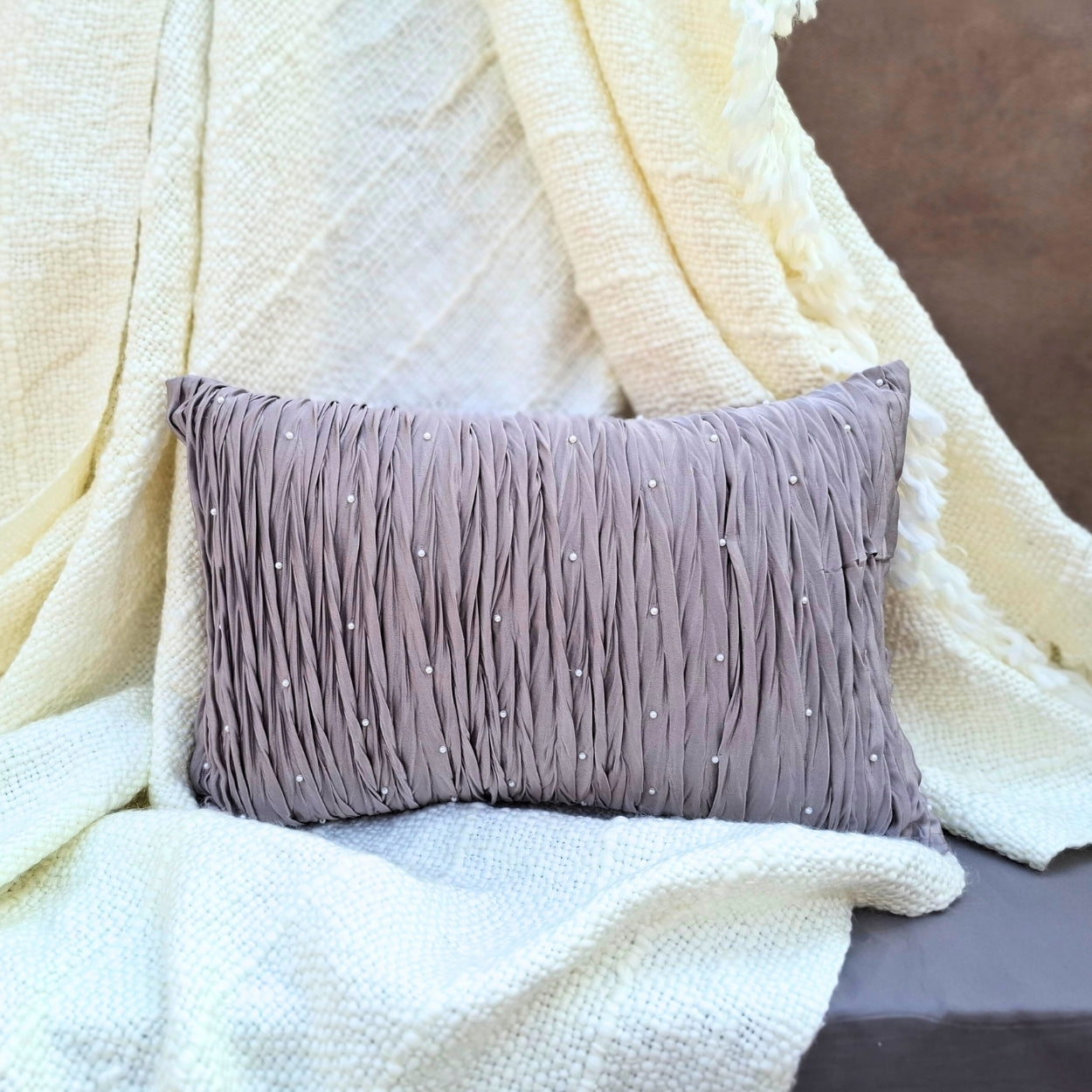 Pleated Pearl Lilac Lumbar Cushion