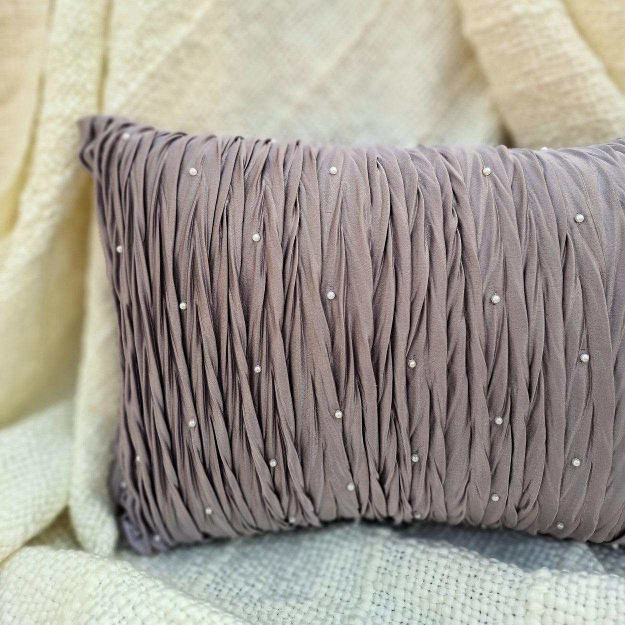 Pleated Pearl Lilac Lumbar Cushion