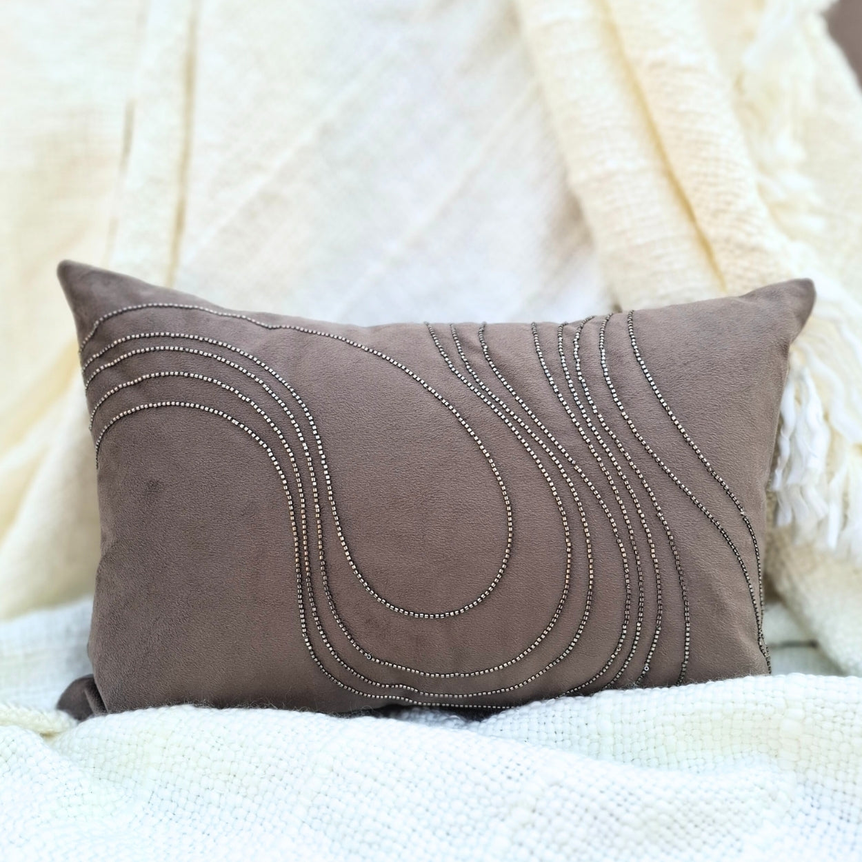 Beaded Wave Grey Lumbar Cushion