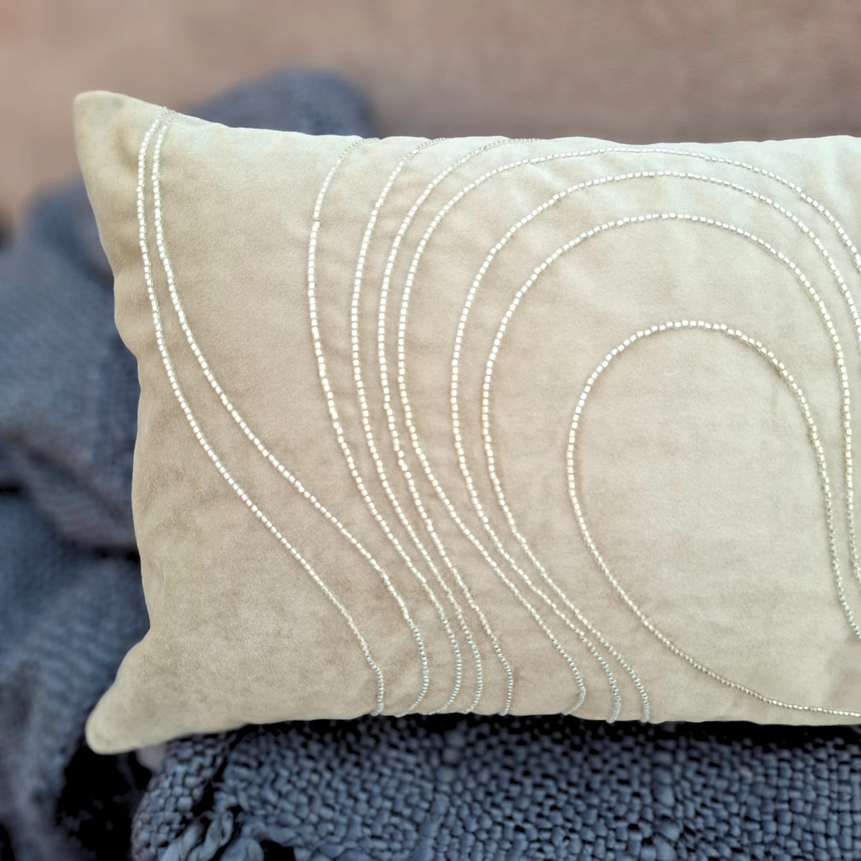 Beaded Wave Beige Lumbar Cushion