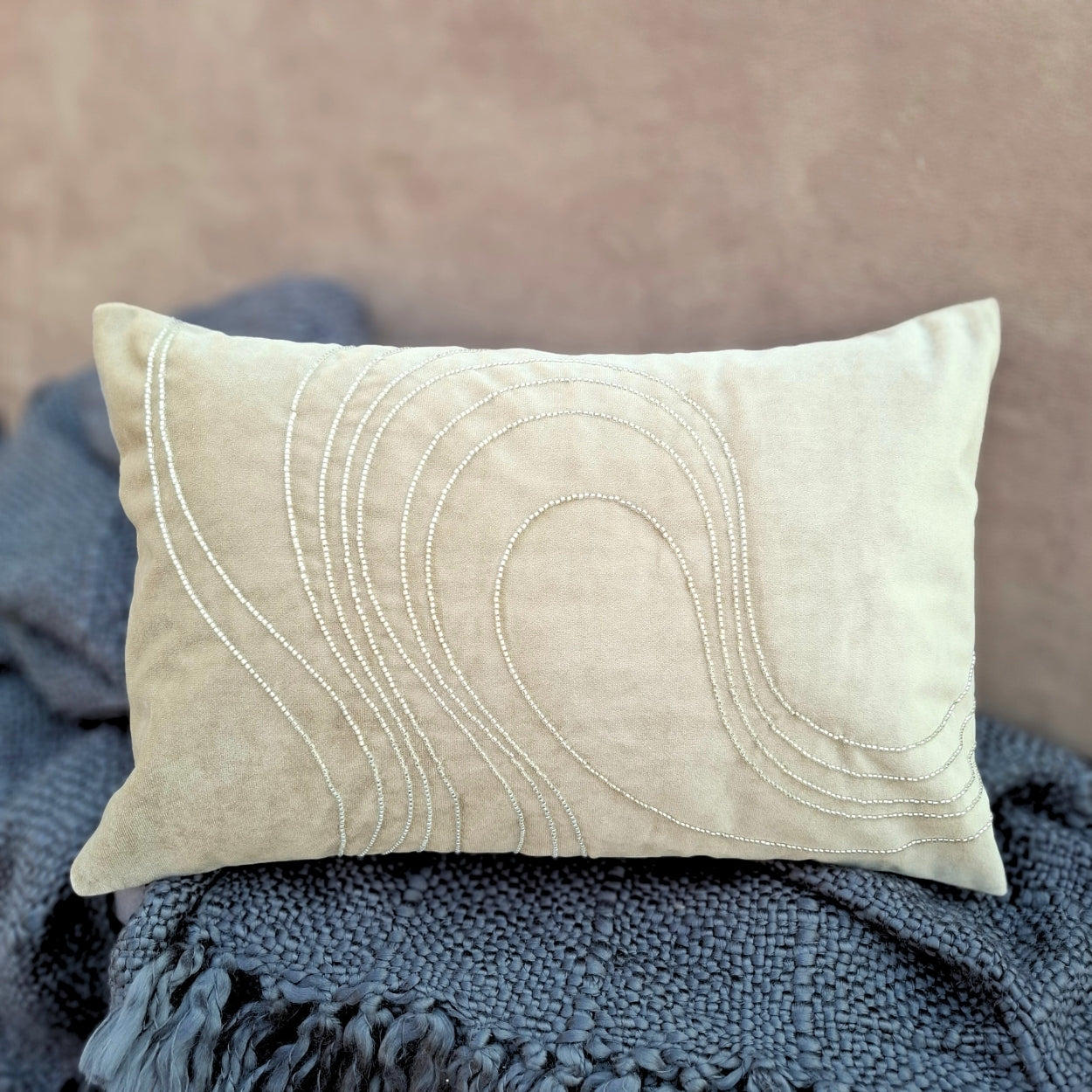 Beaded Wave Beige Lumbar Cushion