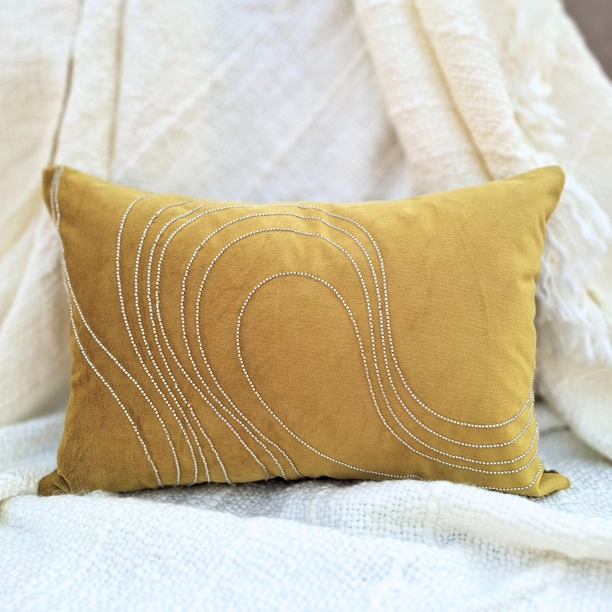 Beaded Wave Yellow Lumbar Cushion